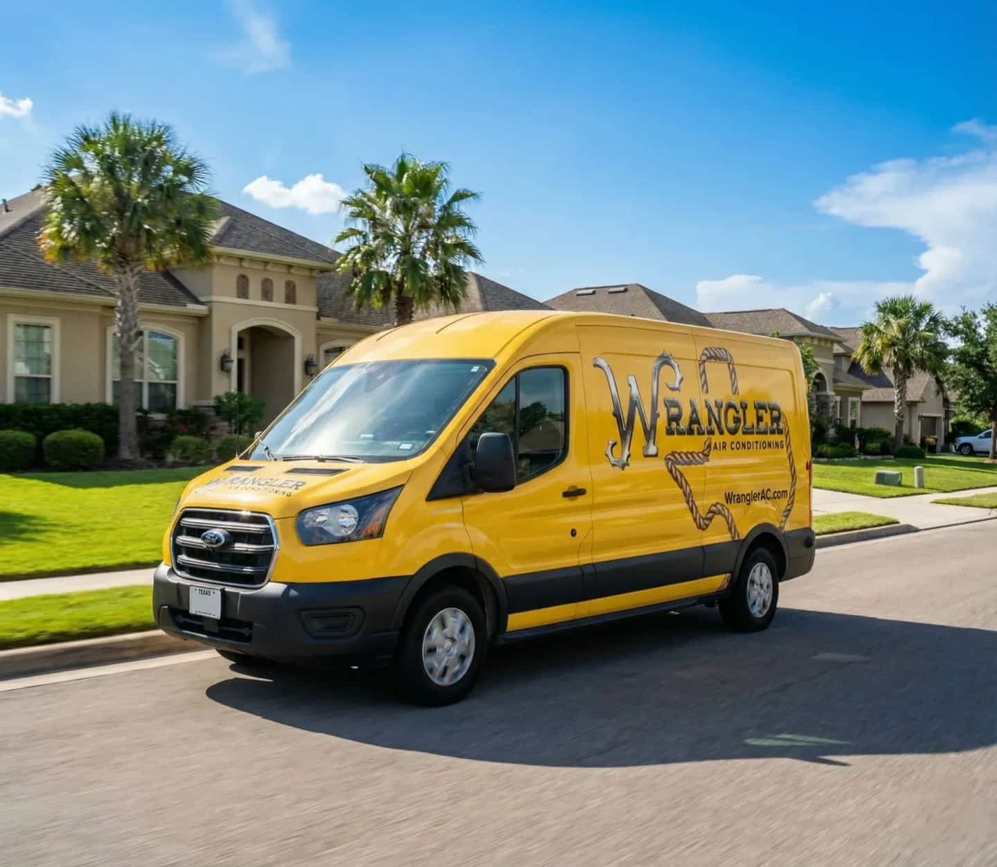 Wrangler Air Conditioning yellow Ford Transit service van arriving at San Antonio home for HVAC service
