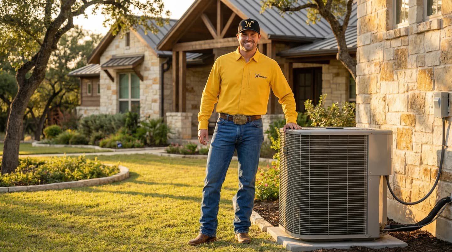 Wrangler Air Conditioning technician standing next to AC condenser in San Antonio