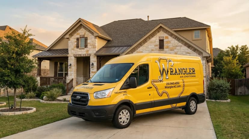 Wrangler Air Conditioning yellow Ford Transit service van fully stocked for HVAC repairs