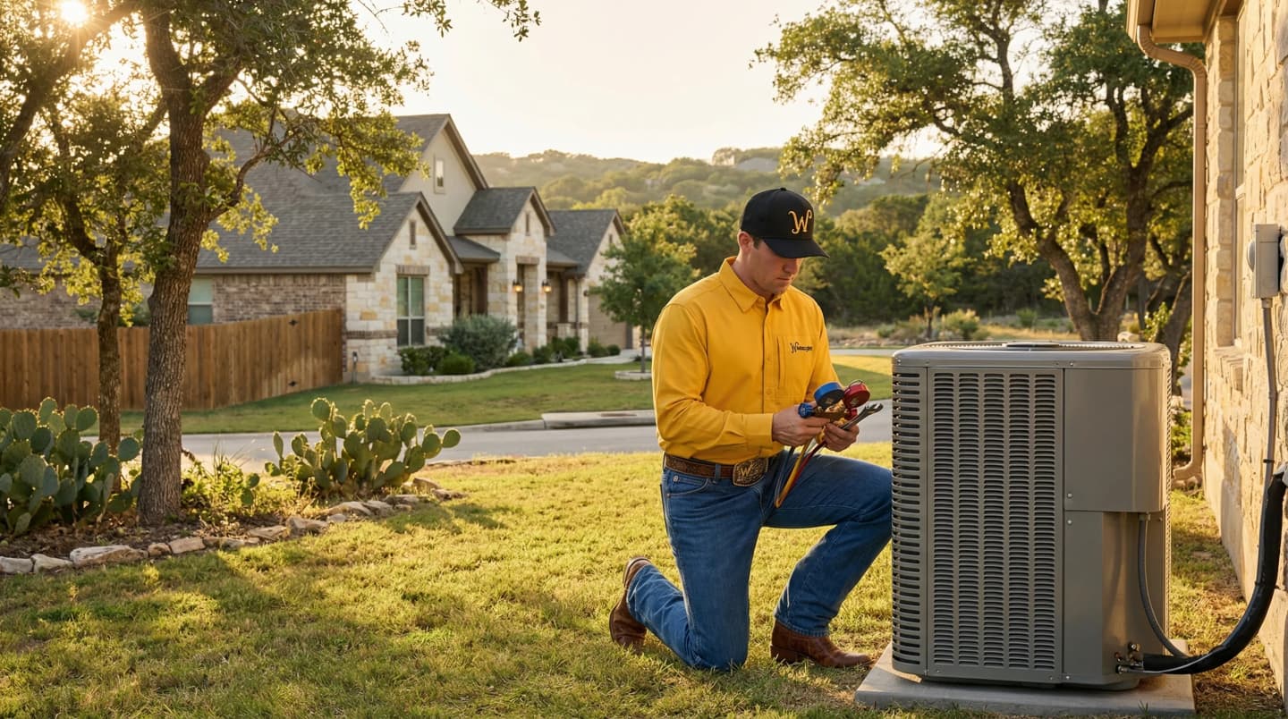 A professional AC installation team working on a new unit in a San Antonio backyard during a cloudy spring day.