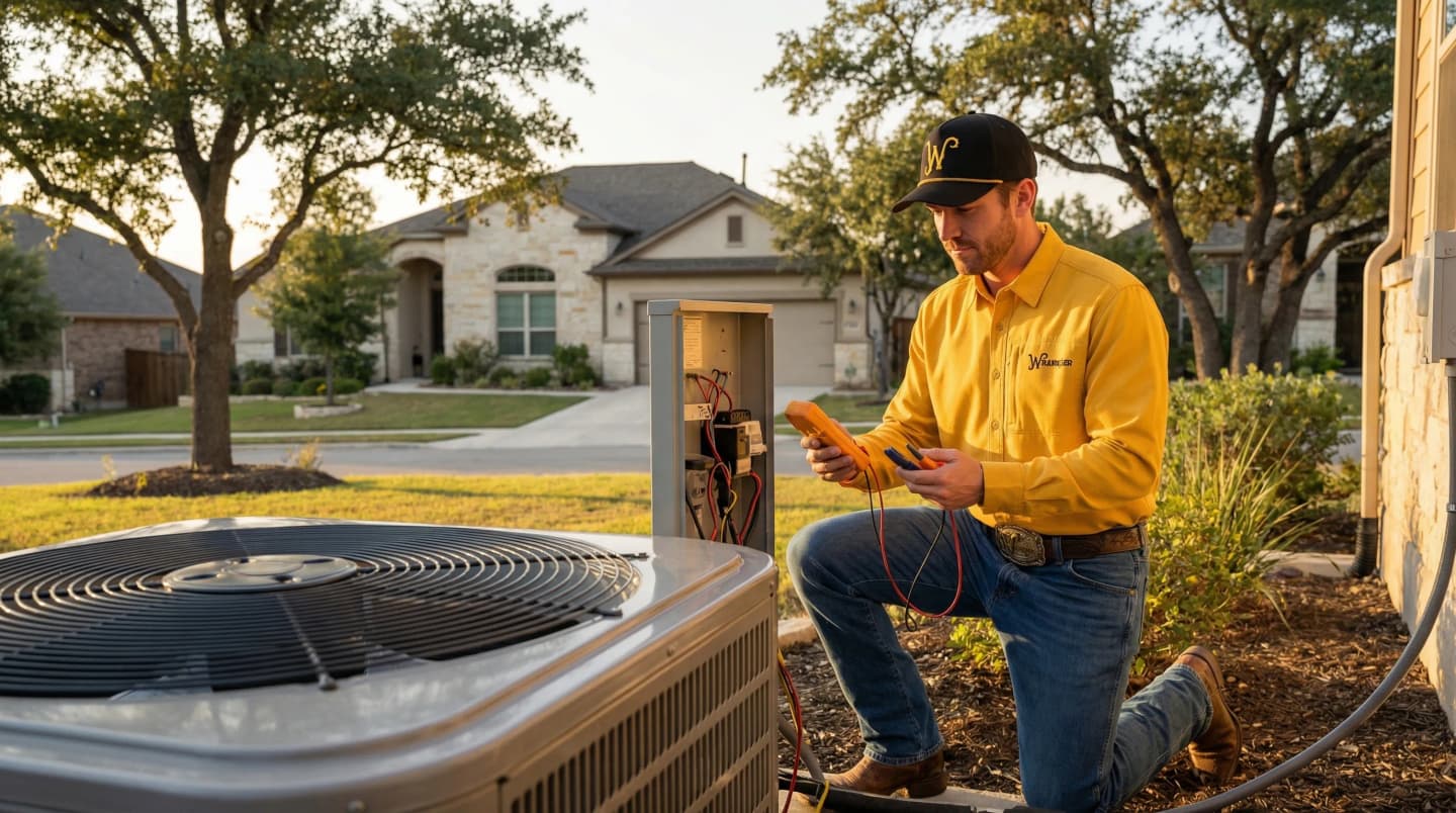 Homeowner checking a circuit breaker box in San Antonio while the AC is not working during a heat wave.