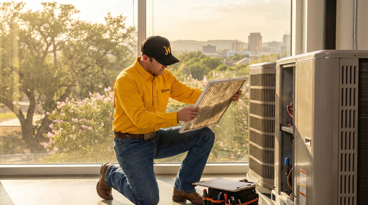 Air quality monitor and HVAC filter in a San Antonio office building during spring allergy season