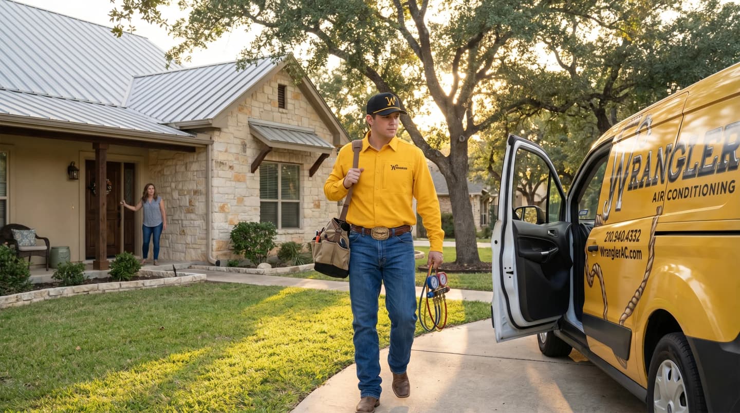 Homeowner checking a thermostat in San Antonio during a heat wave for emergency AC repair signs