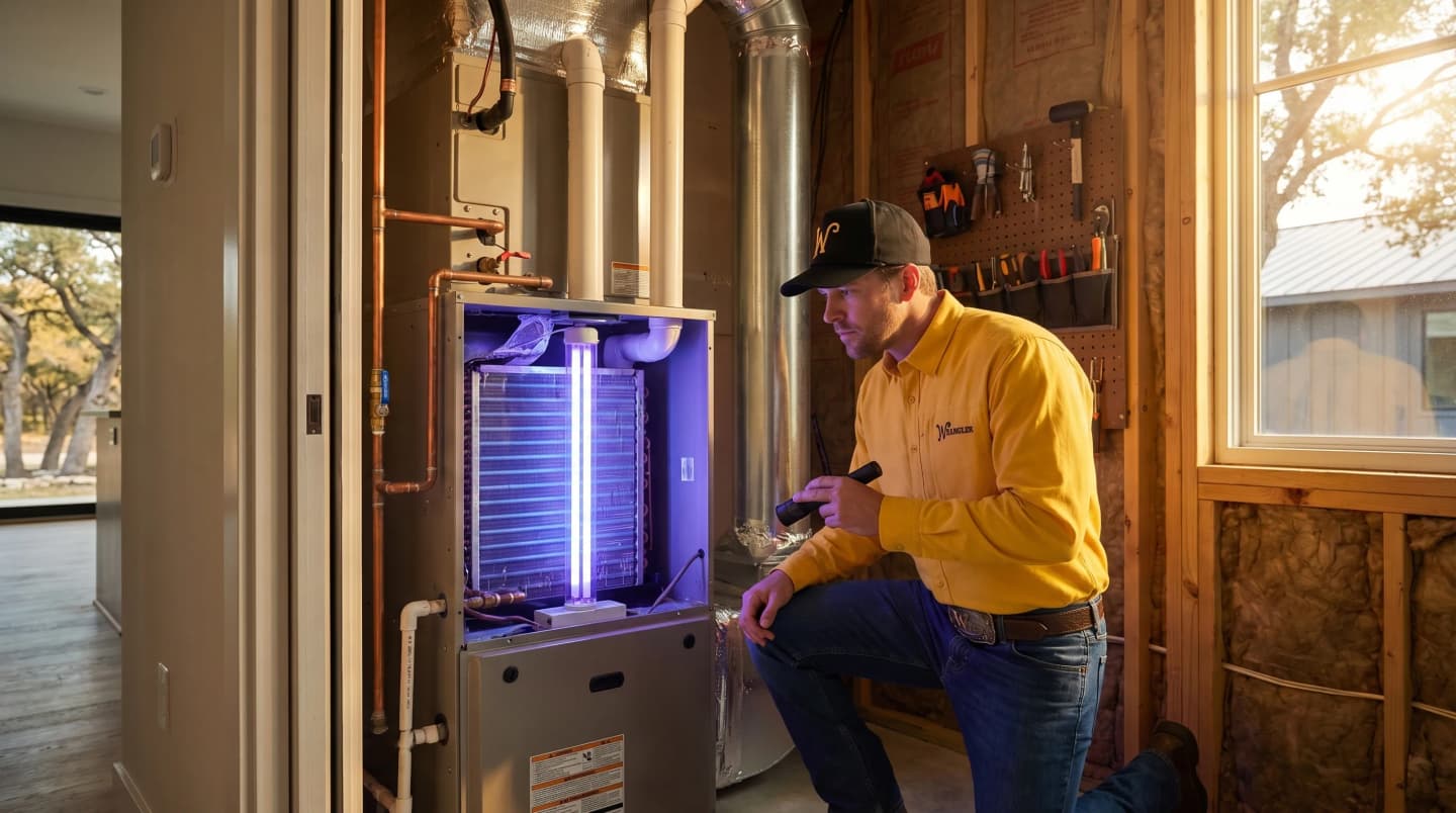 A technician installing a UV light HVAC system in a San Antonio home to improve indoor air quality.