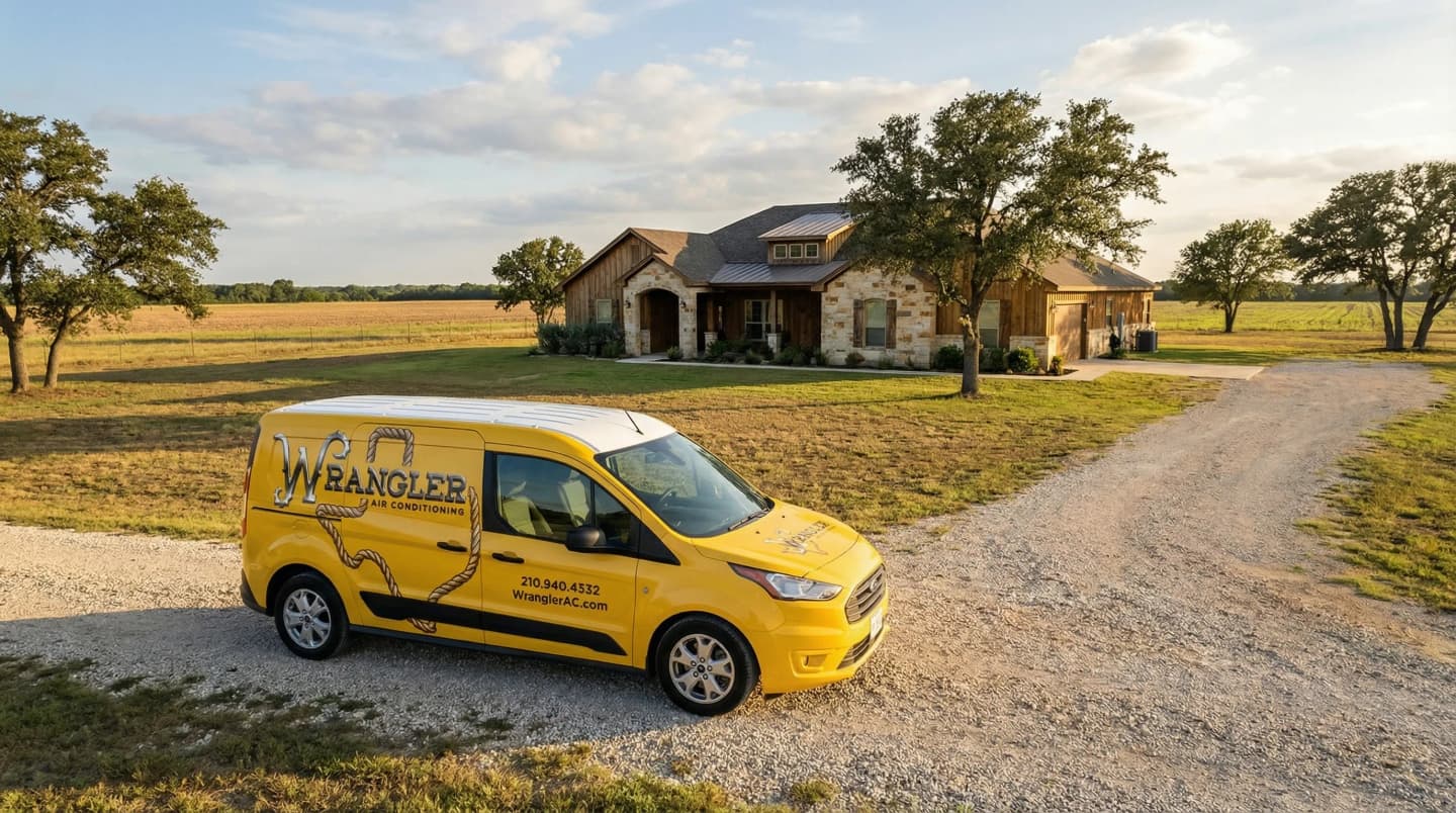Wrangler Air Conditioning technician providing HVAC services in Adkins, Texas